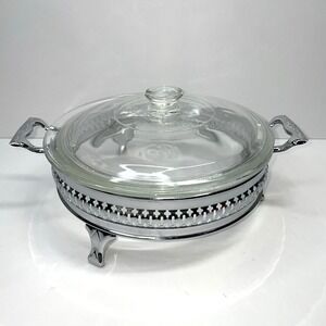 Vintage Anchor Hocking Fire King Glass 9" Pie Plate W Lid & Stand Vintage